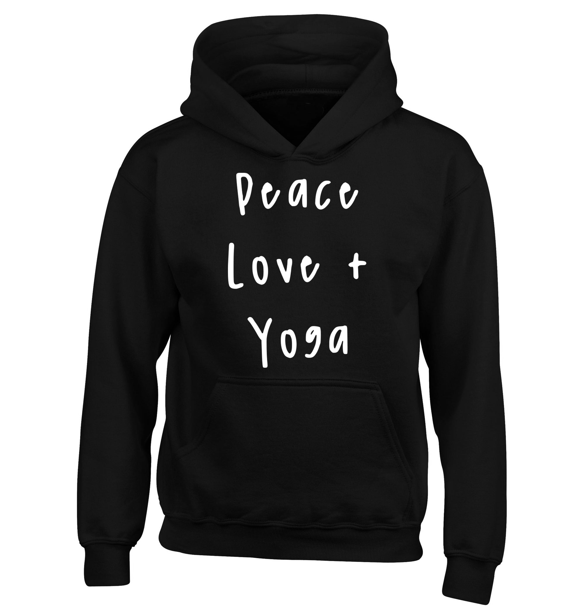 Peace love and yoga children's black hoodie 12-13 Years