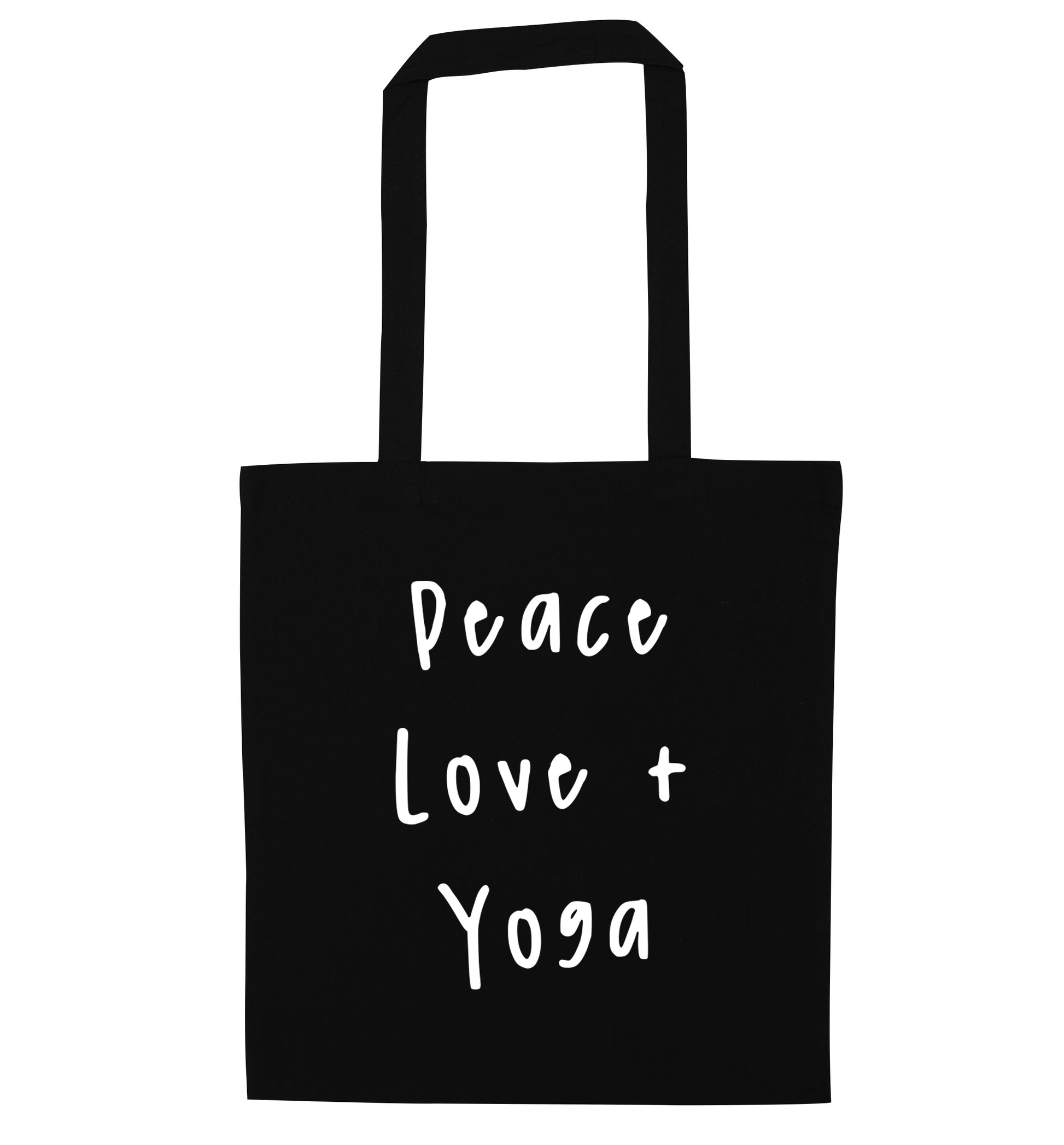 Peace love and yoga black tote bag