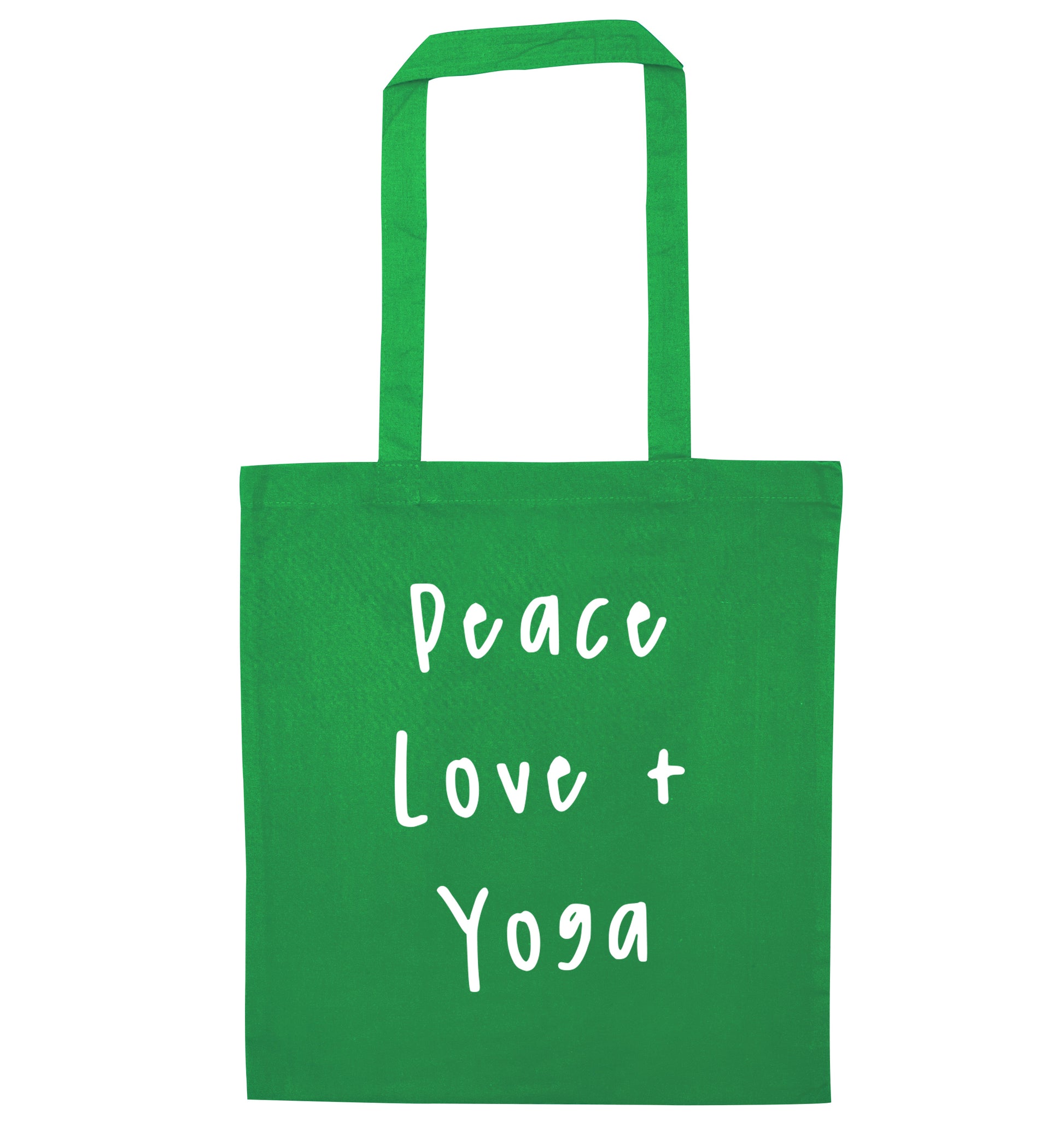 Peace love and yoga green tote bag