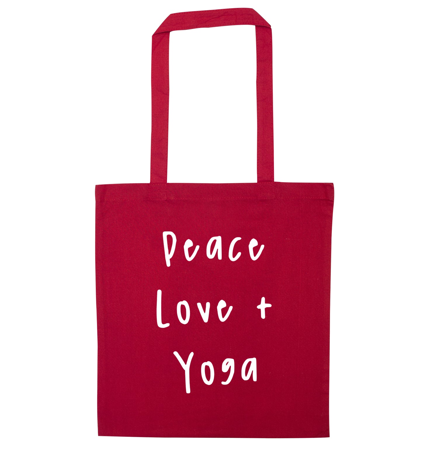 Peace love and yoga red tote bag