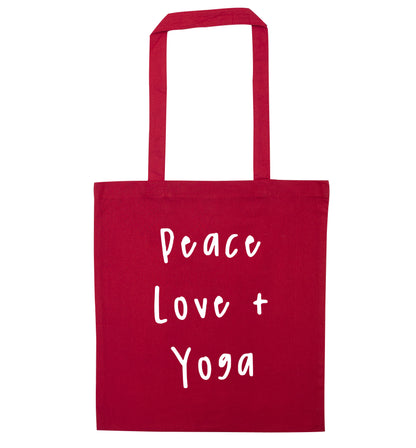 Peace love and yoga red tote bag