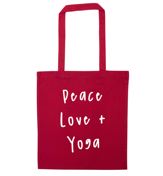 Peace love and yoga red tote bag