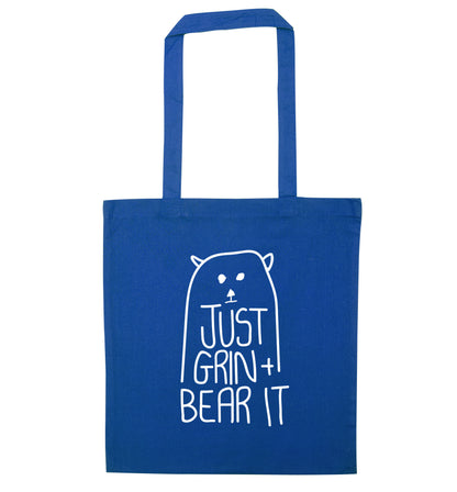 Just grin and bear it blue tote bag