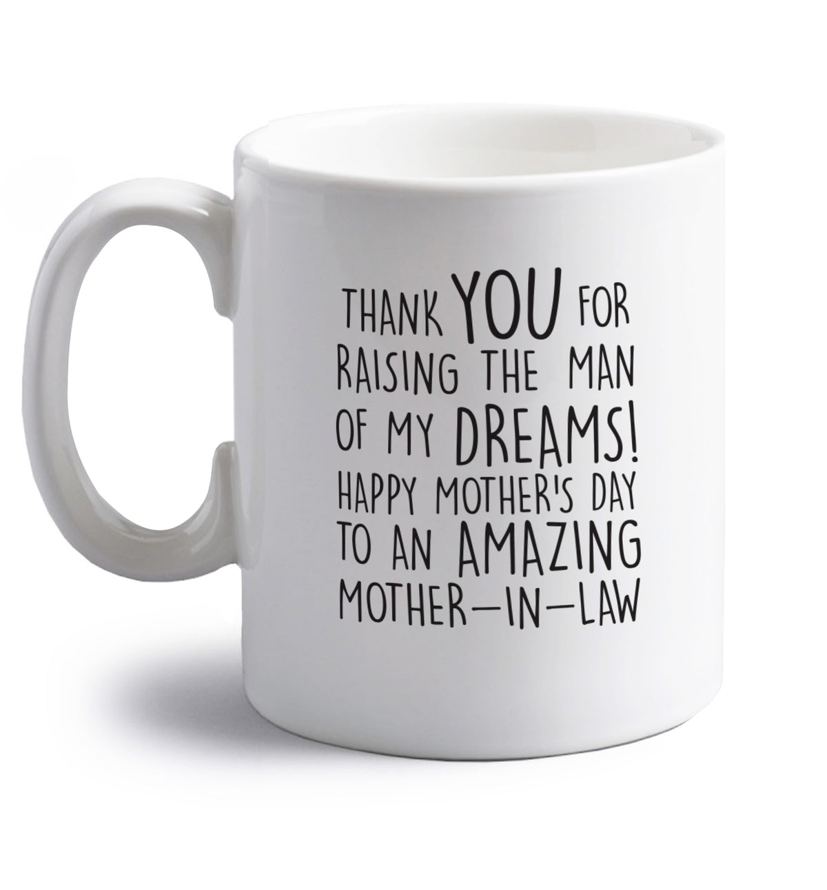Thank you for raising the man of my dreams happy mother's day mother-in-law right handed white ceramic mug 