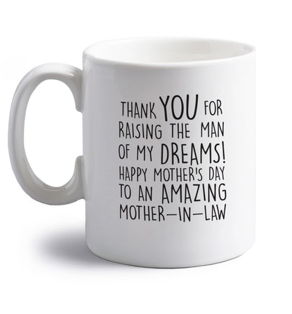 Thank you for raising the man of my dreams happy mother's day mother-in-law right handed white ceramic mug 