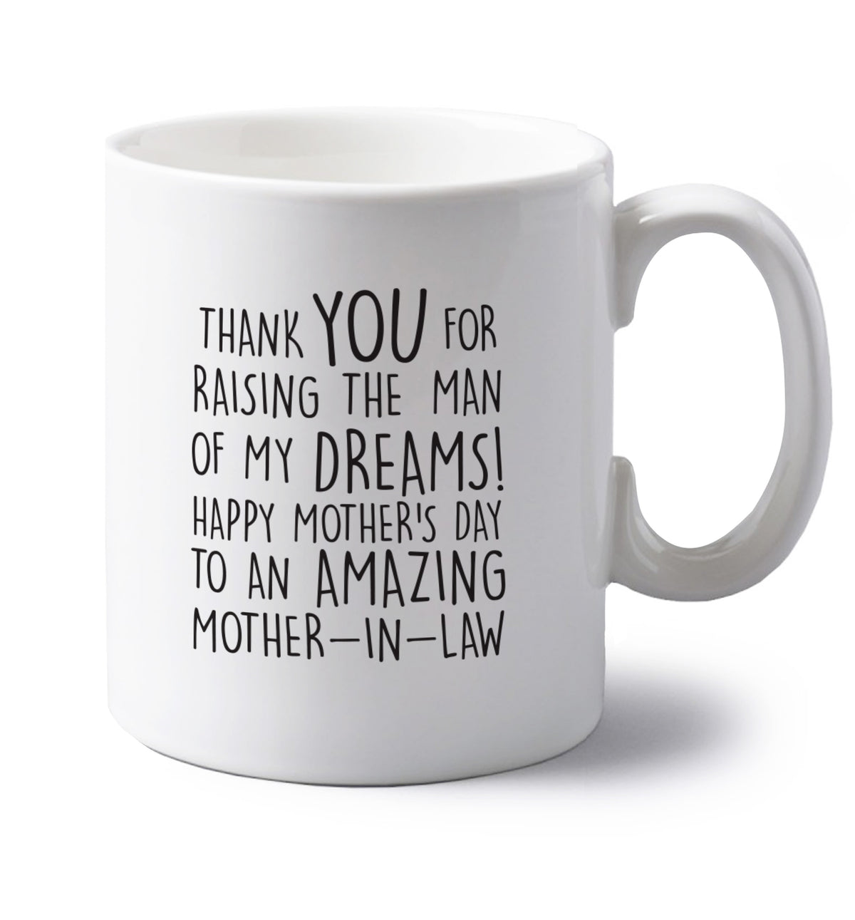 Thank you for raising the man of my dreams happy mother's day mother-in-law left handed white ceramic mug 