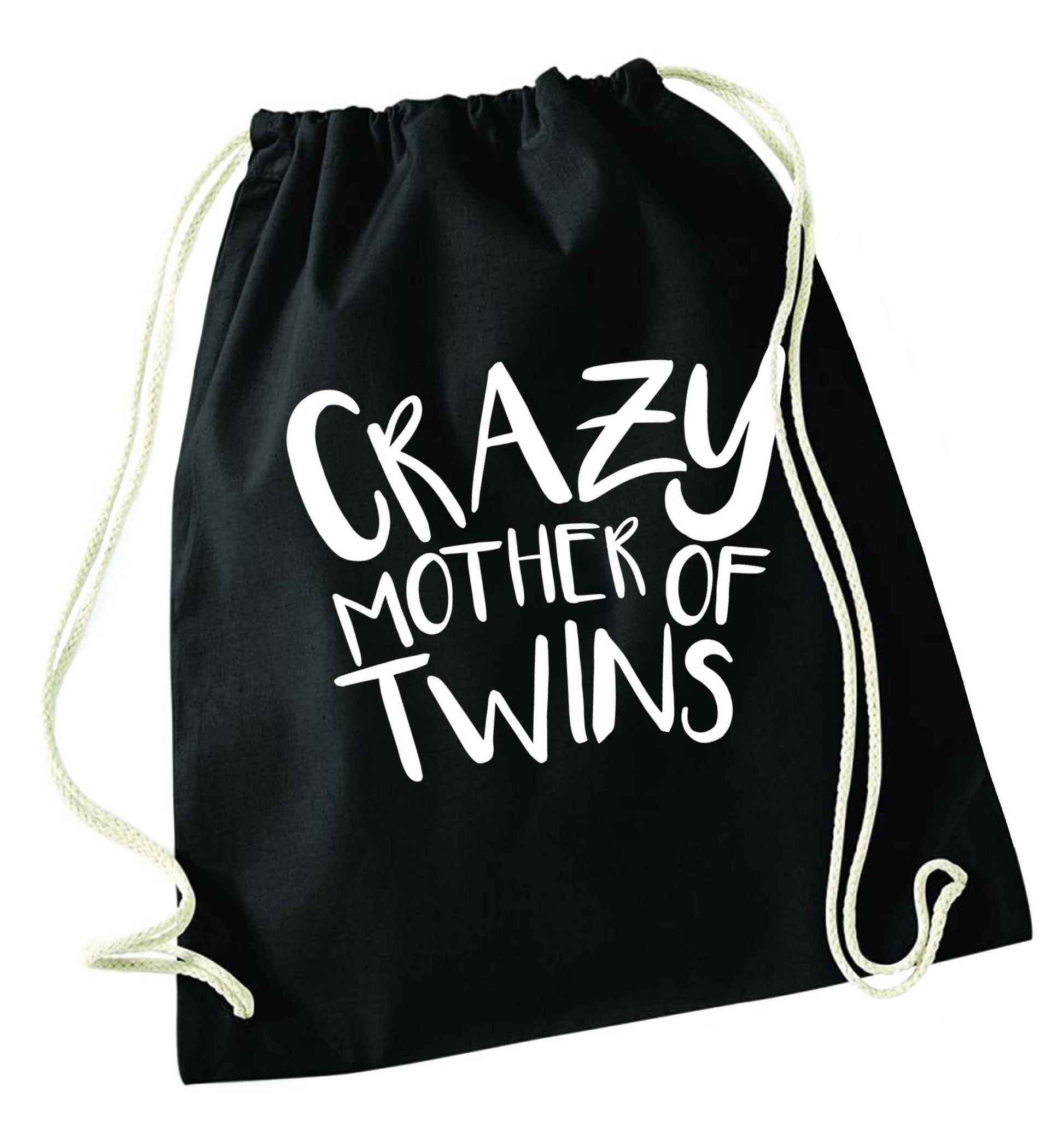 Crazy mother of twins black drawstring bag