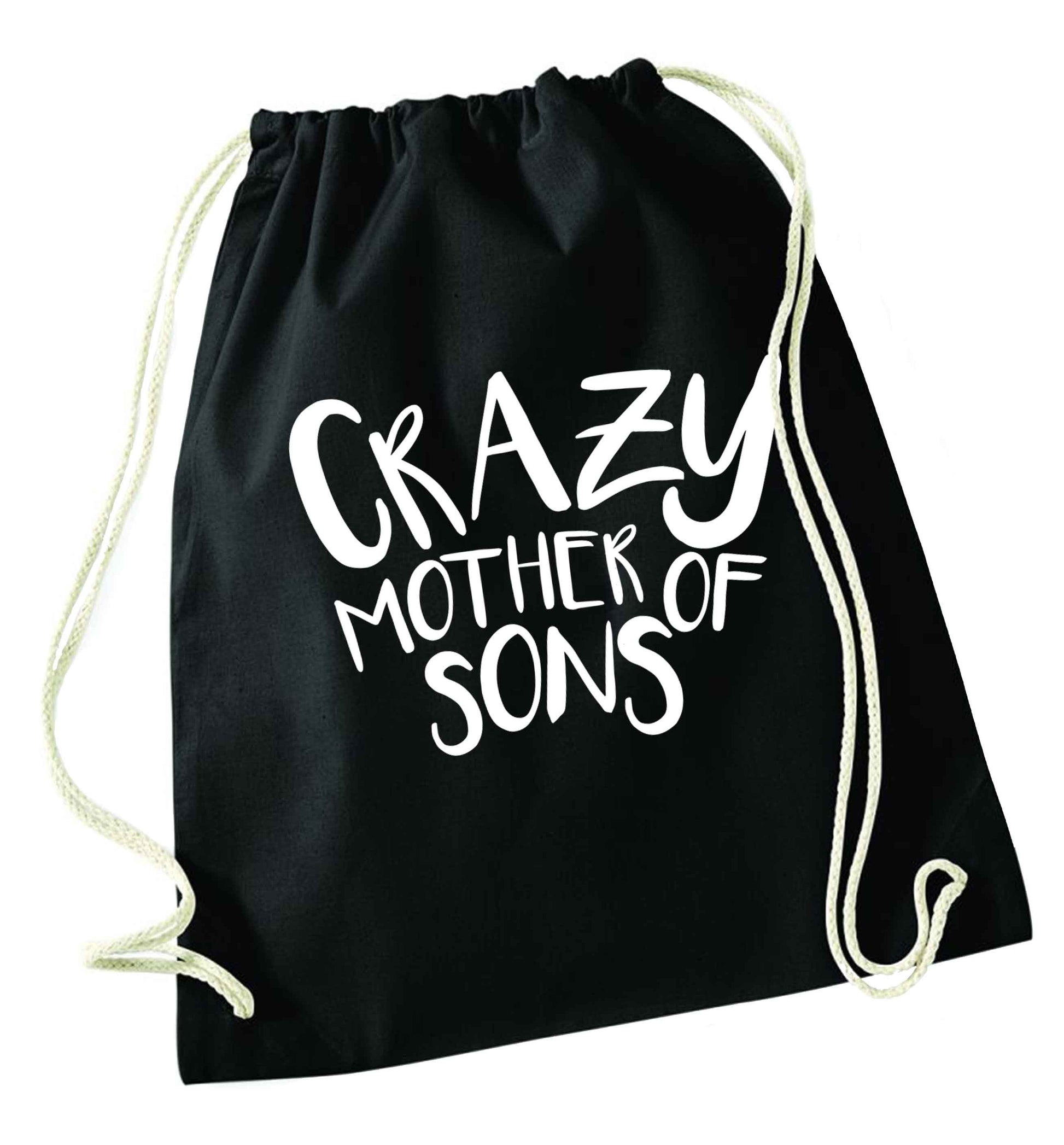 Crazy mother of sons black drawstring bag