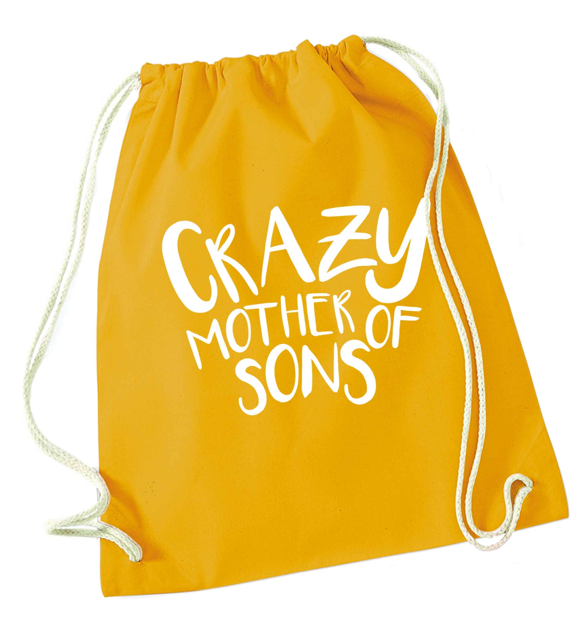 Crazy mother of sons mustard drawstring bag