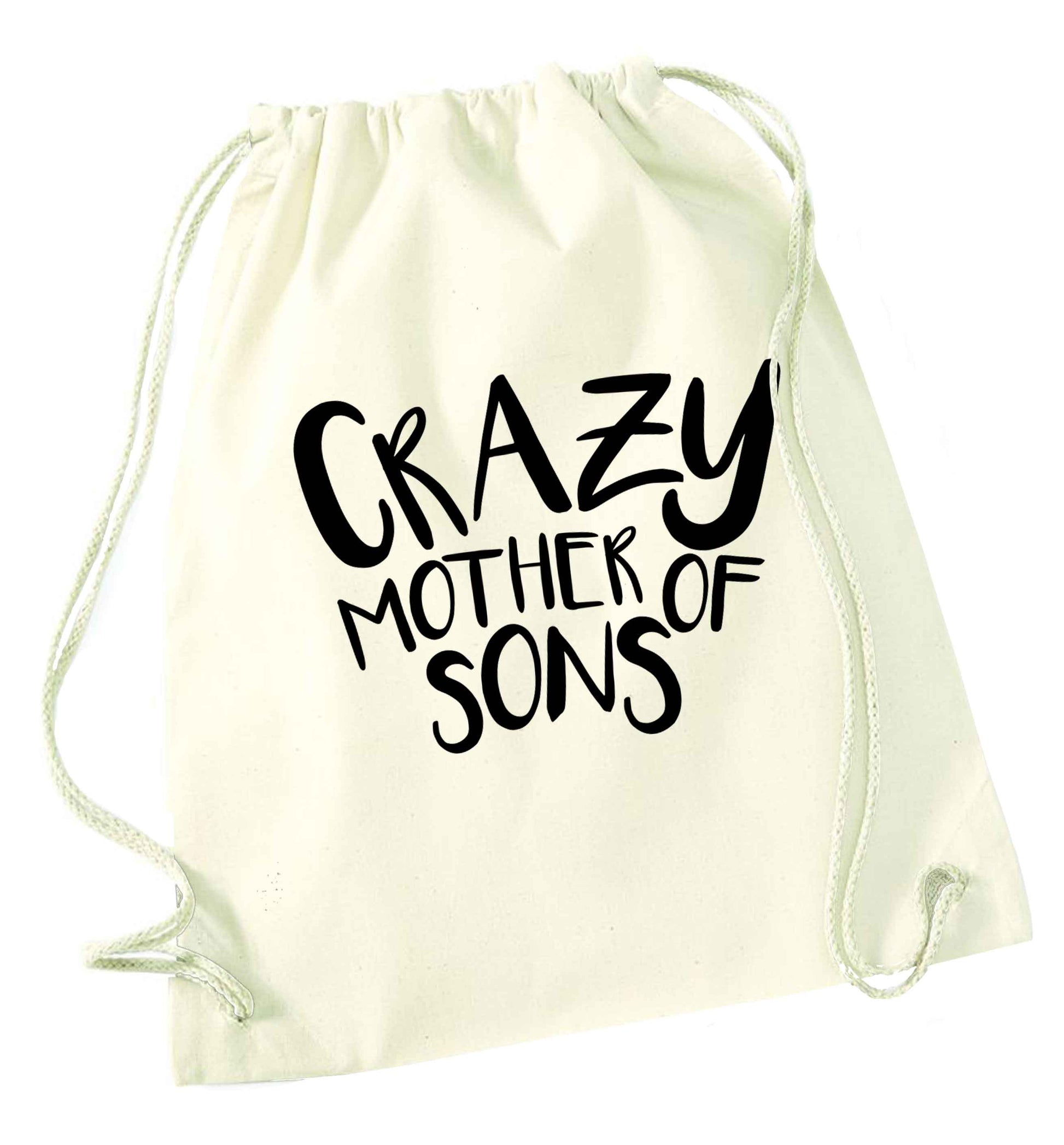 Crazy mother of sons natural drawstring bag