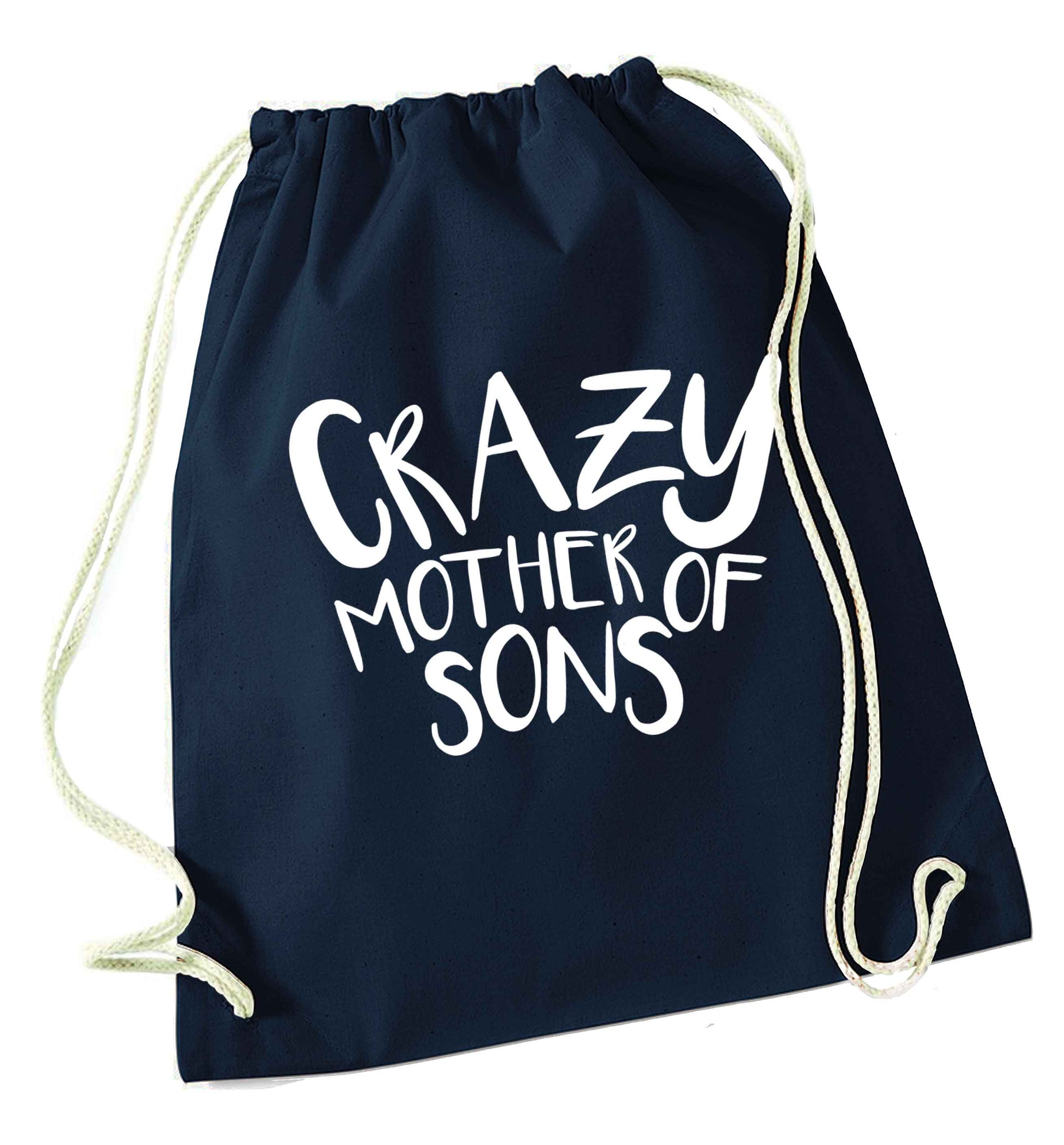 Crazy mother of sons navy drawstring bag