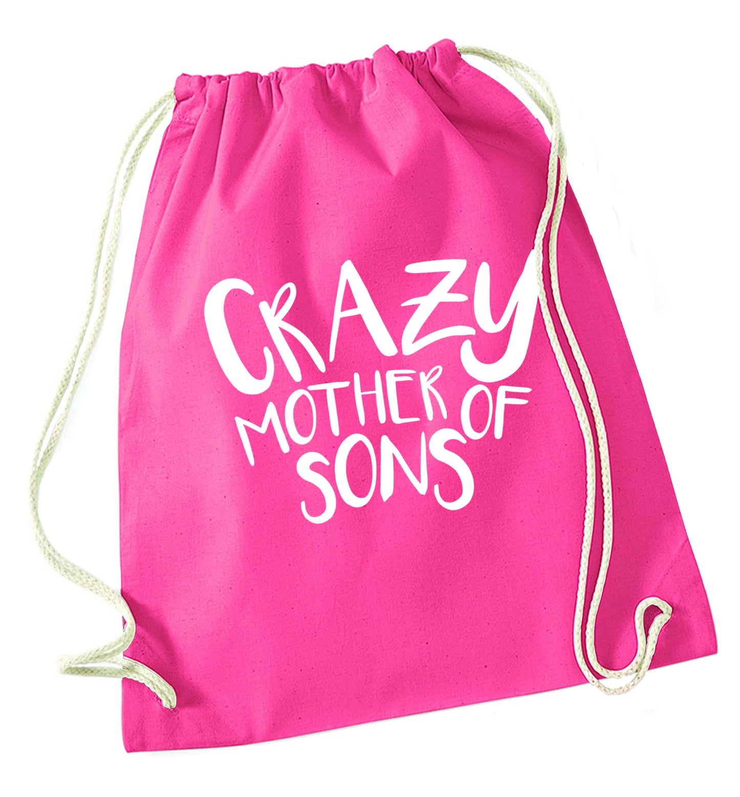 Crazy mother of sons pink drawstring bag