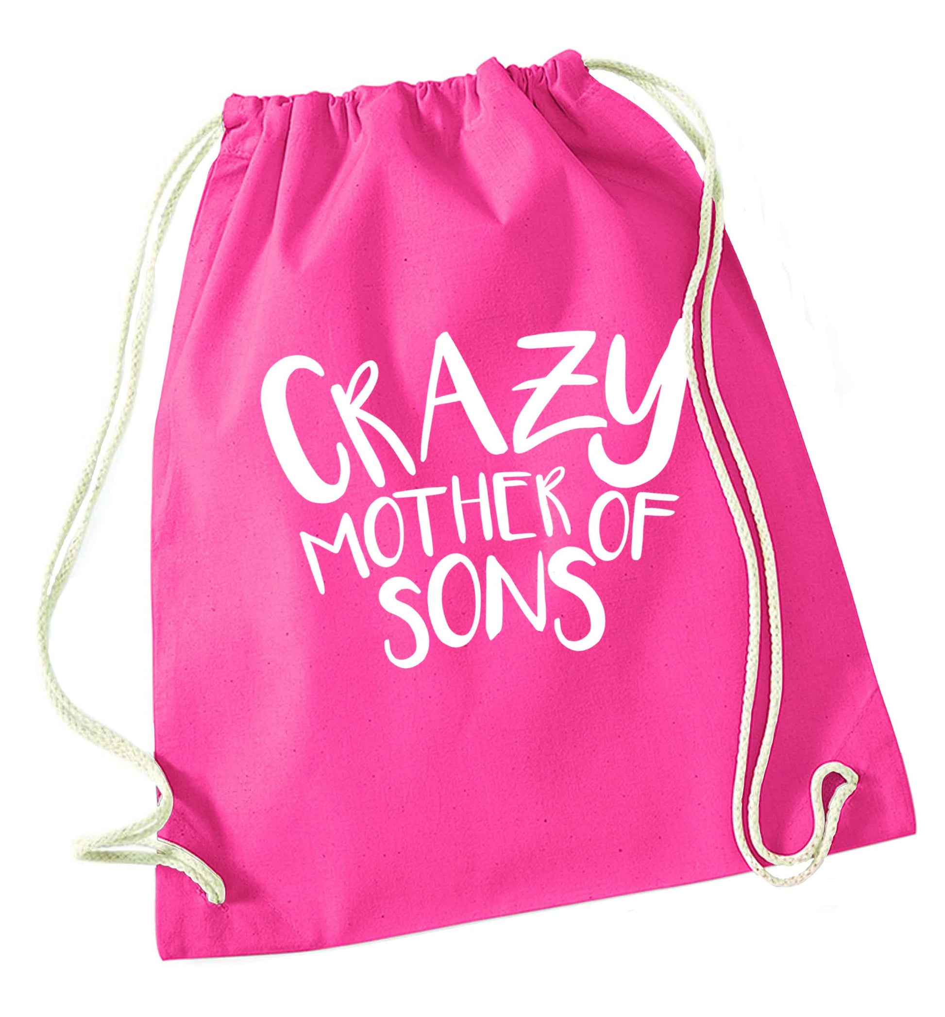 Crazy mother of sons pink drawstring bag