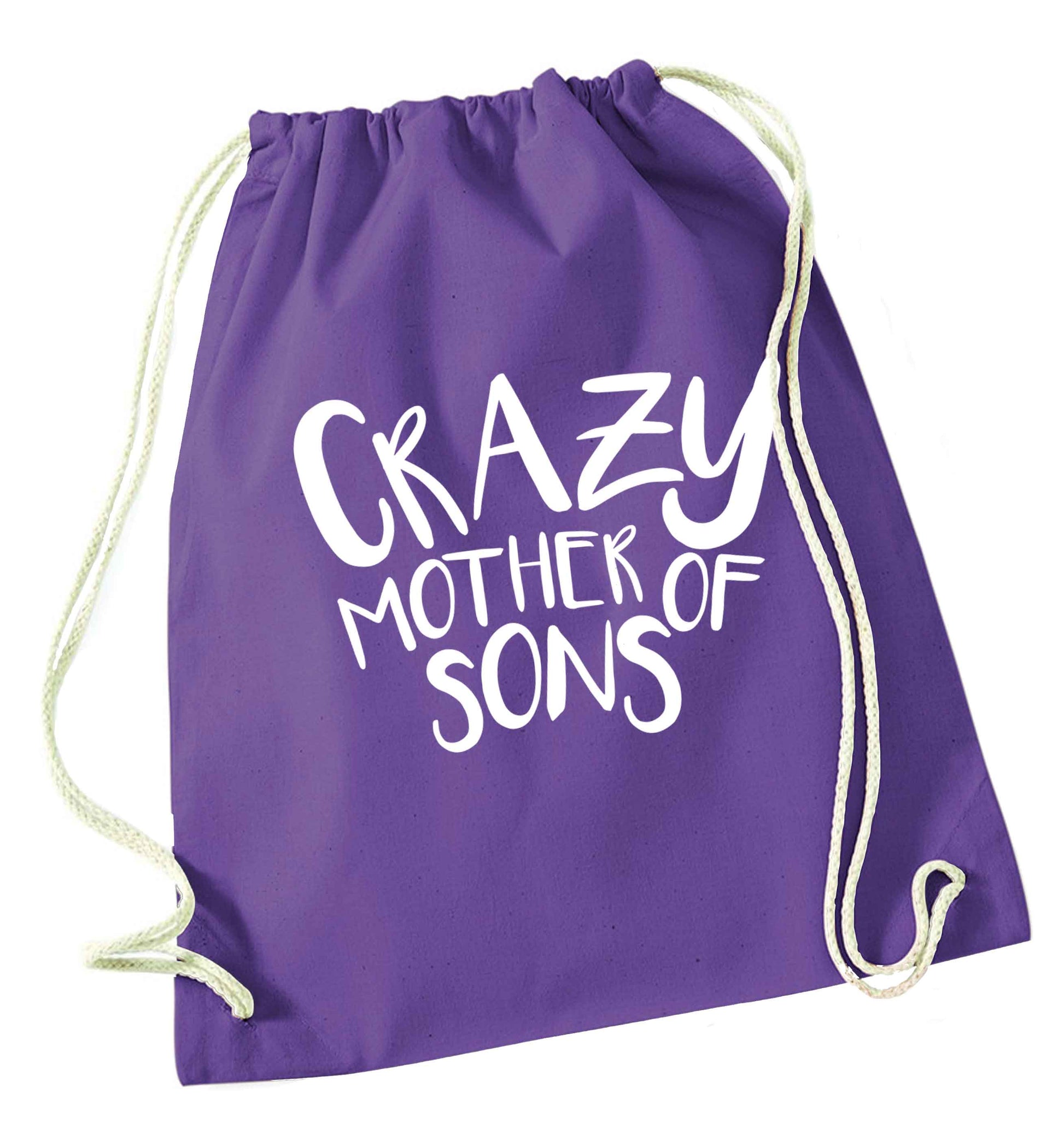 Crazy mother of sons purple drawstring bag