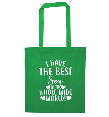 I have the best son in the whole wide world! green tote bag
