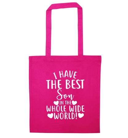 I have the best son in the whole wide world! pink tote bag