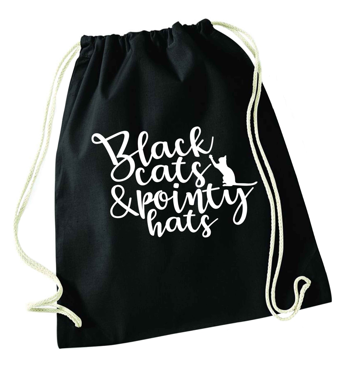 Black cats and pointy hats black drawstring bag