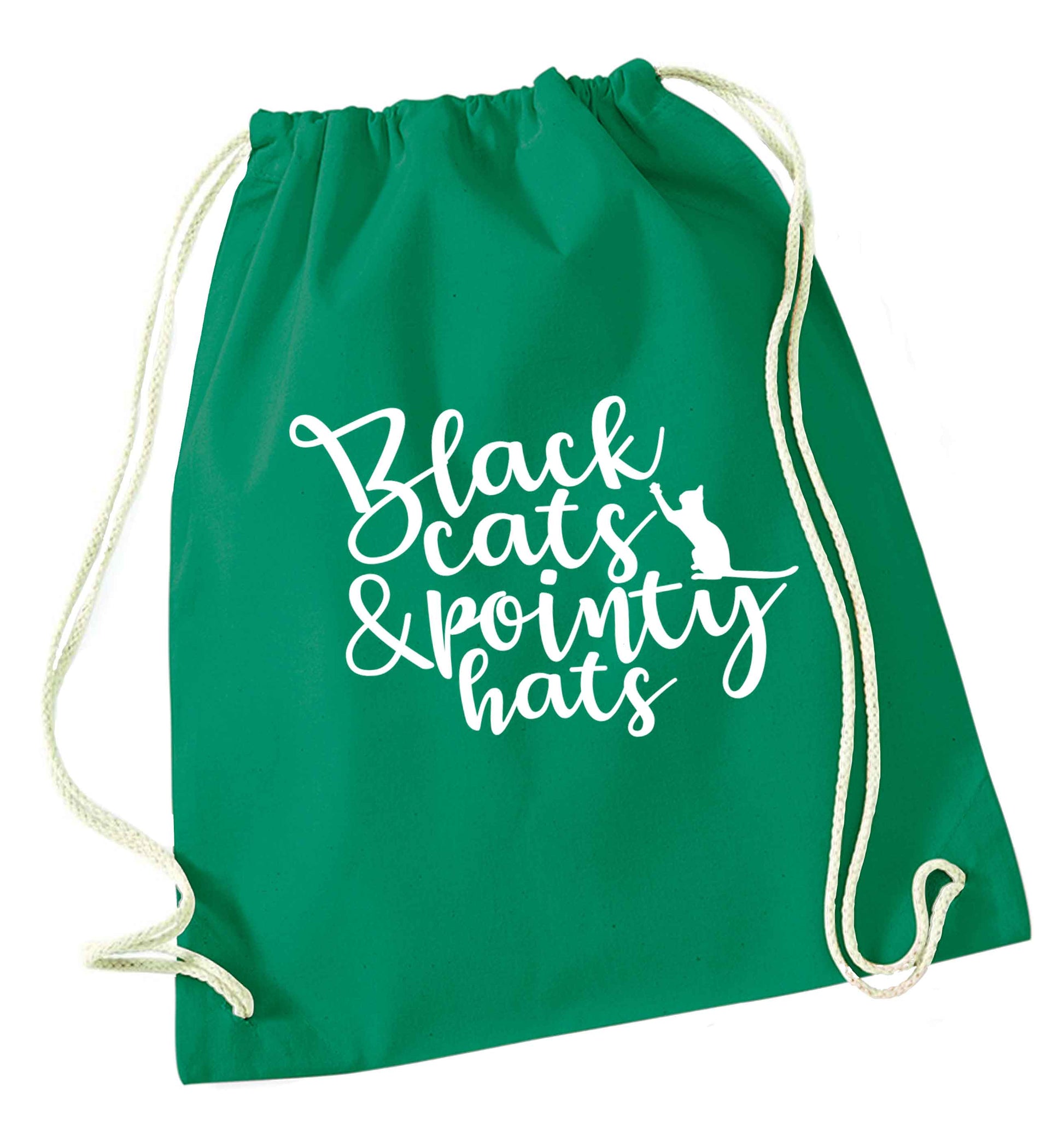 Black cats and pointy hats green drawstring bag