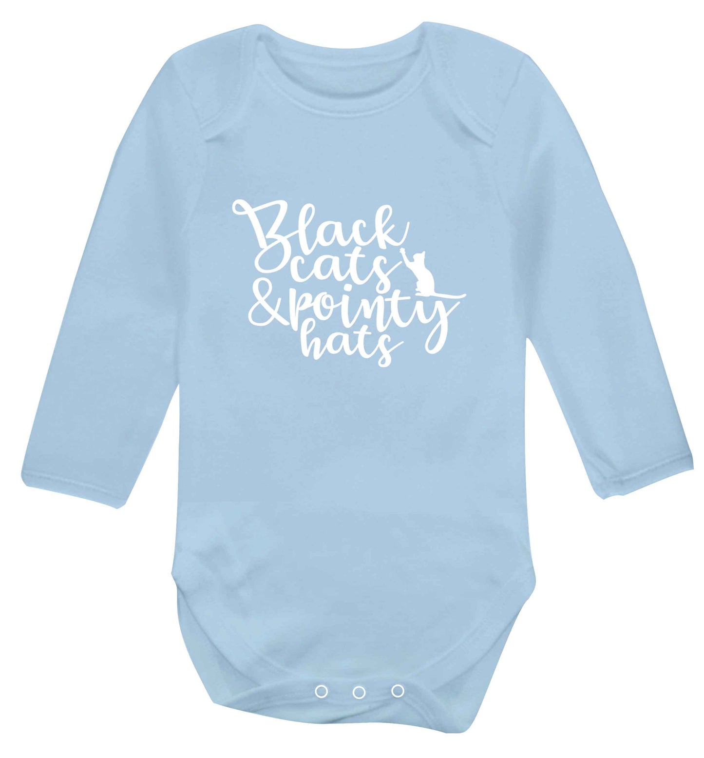 Black cats and pointy hats baby vest long sleeved pale blue 6-12 months