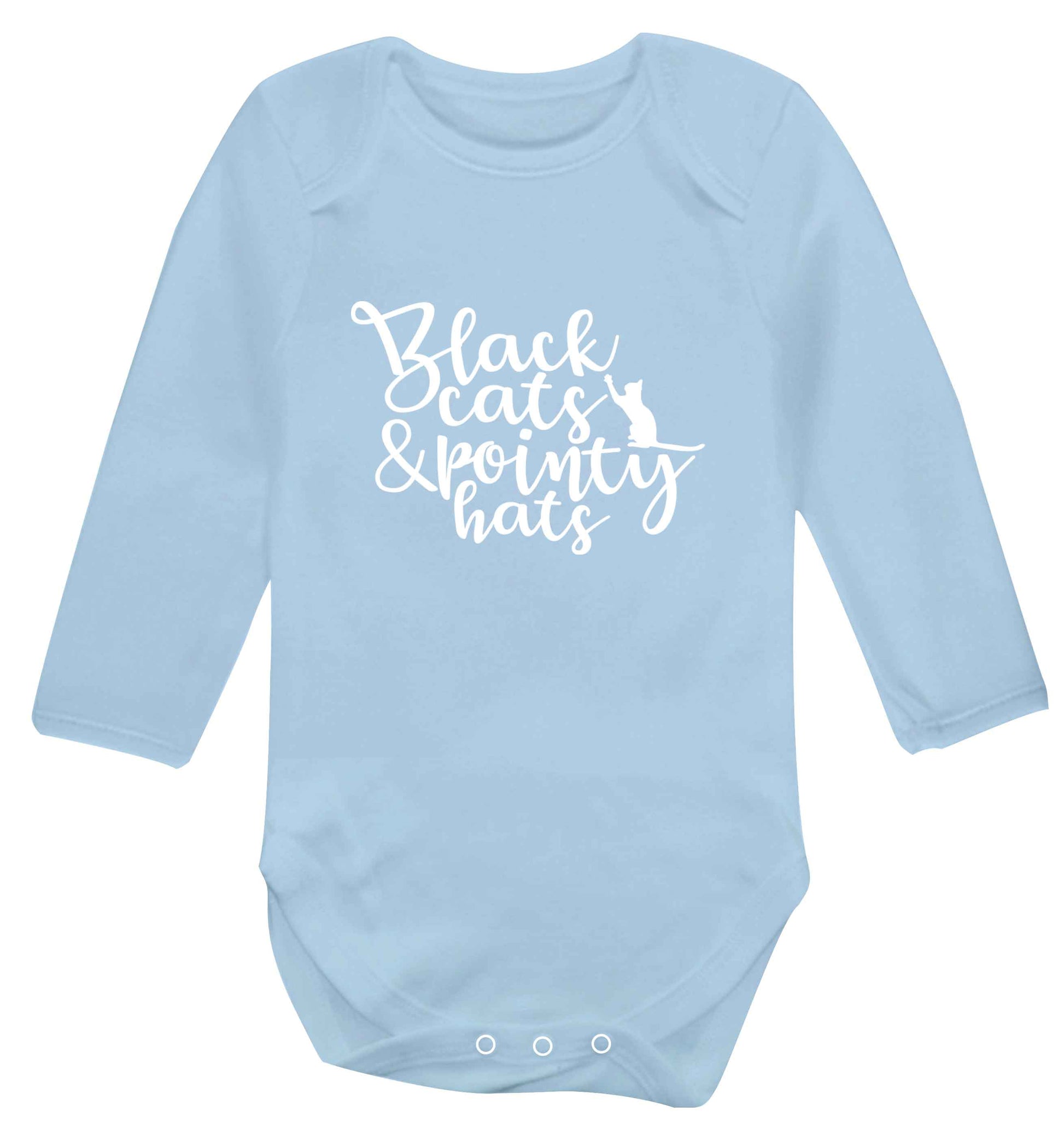 Black cats and pointy hats baby vest long sleeved pale blue 6-12 months