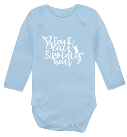Black cats and pointy hats baby vest long sleeved pale blue 6-12 months