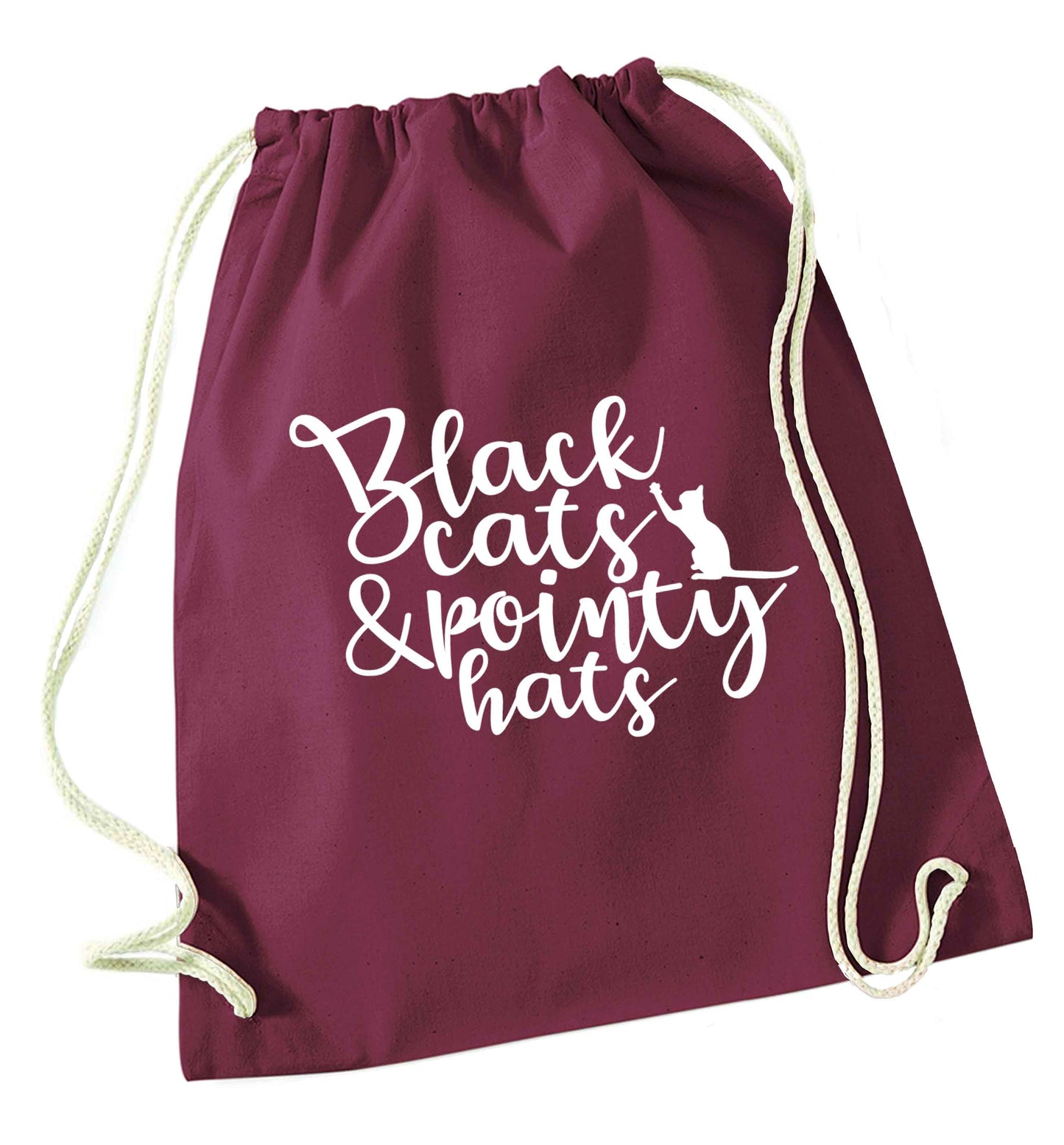 Black cats and pointy hats maroon drawstring bag