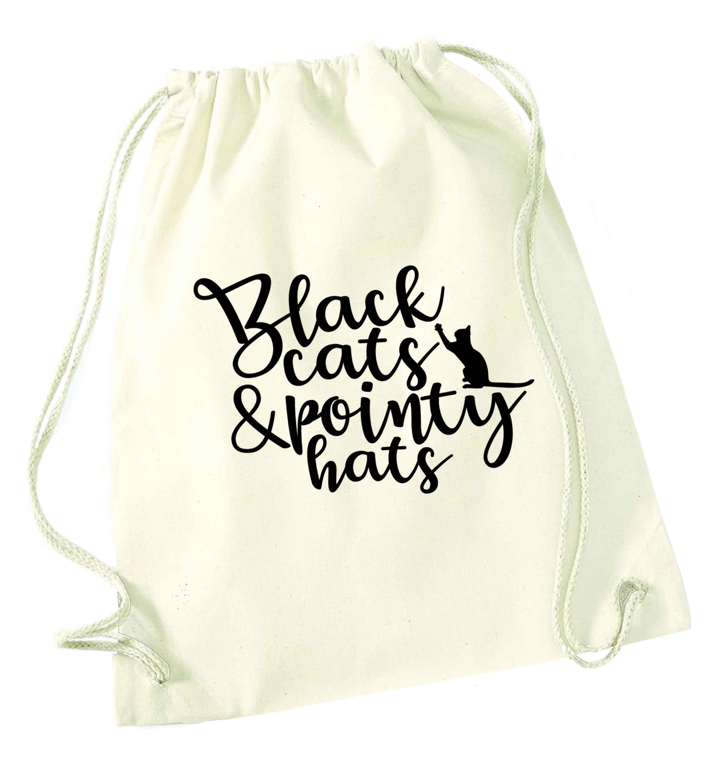 Black cats and pointy hats natural drawstring bag