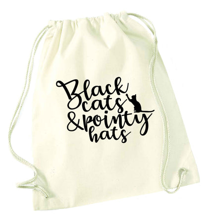 Black cats and pointy hats natural drawstring bag
