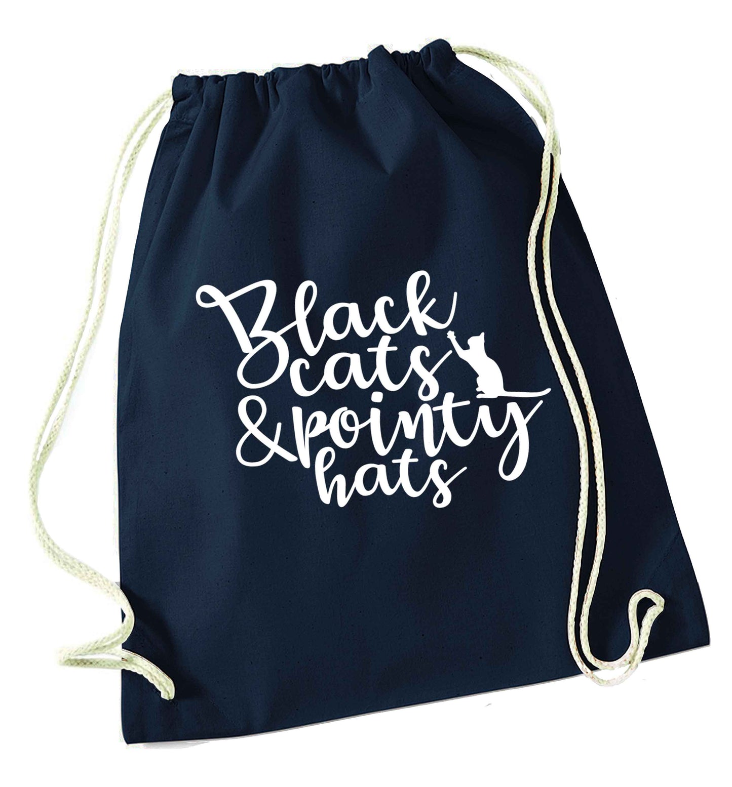 Black cats and pointy hats navy drawstring bag
