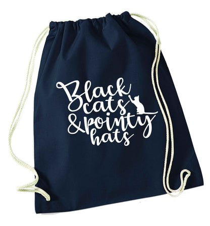 Black cats and pointy hats navy drawstring bag