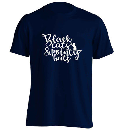 Black cats and pointy hats adults unisex navy Tshirt 2XL