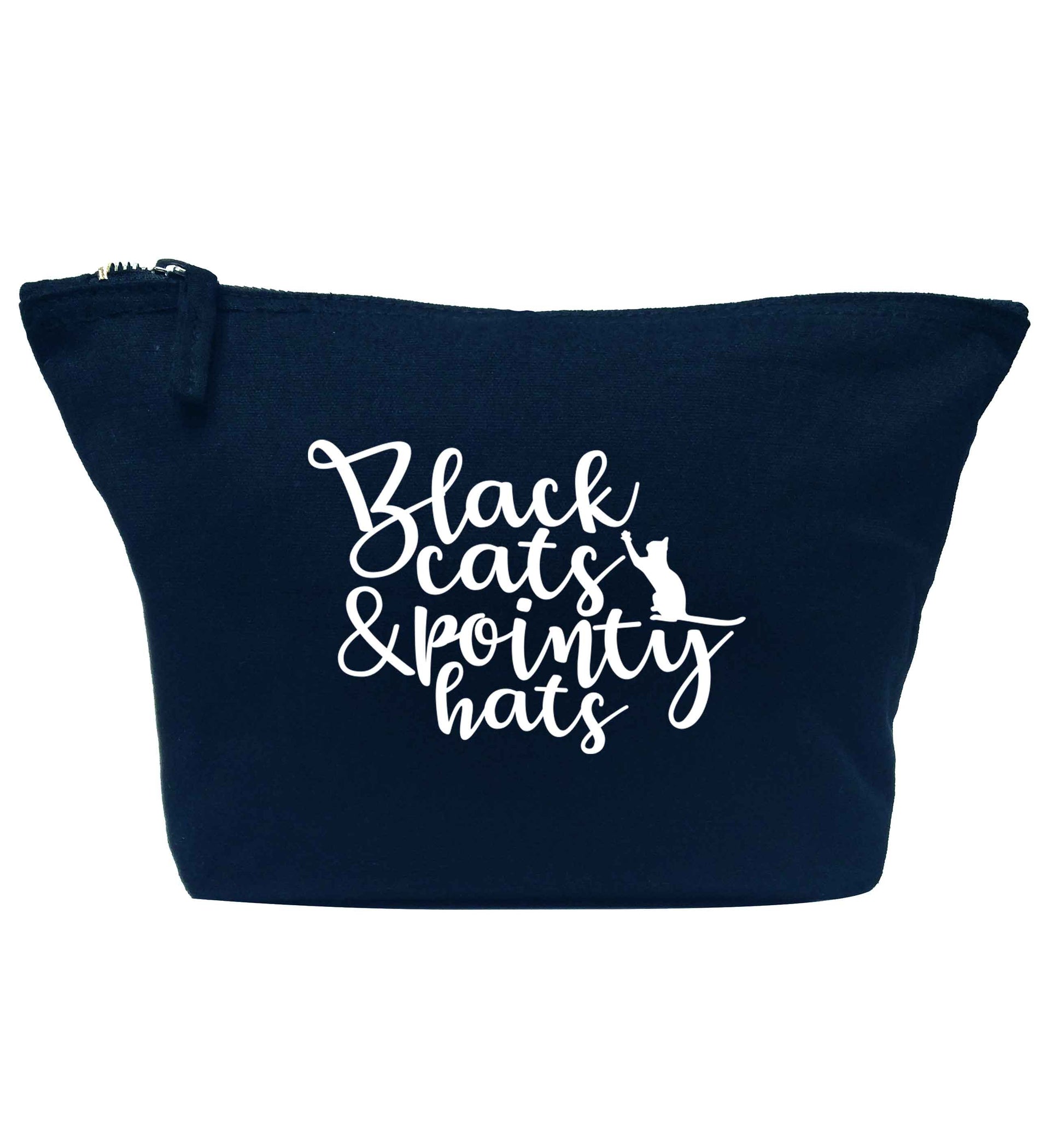 Black cats and pointy hats navy makeup bag