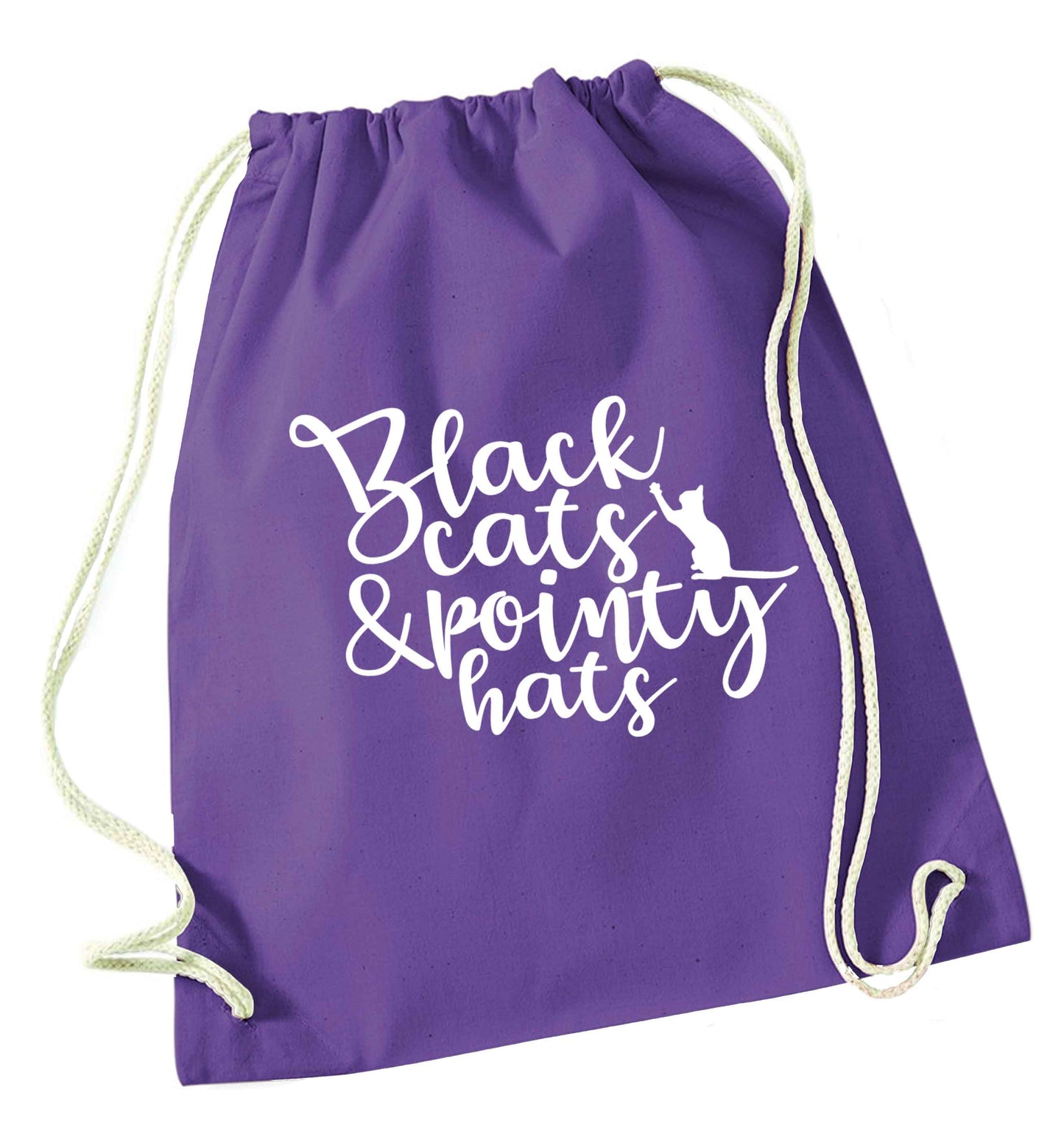 Black cats and pointy hats purple drawstring bag