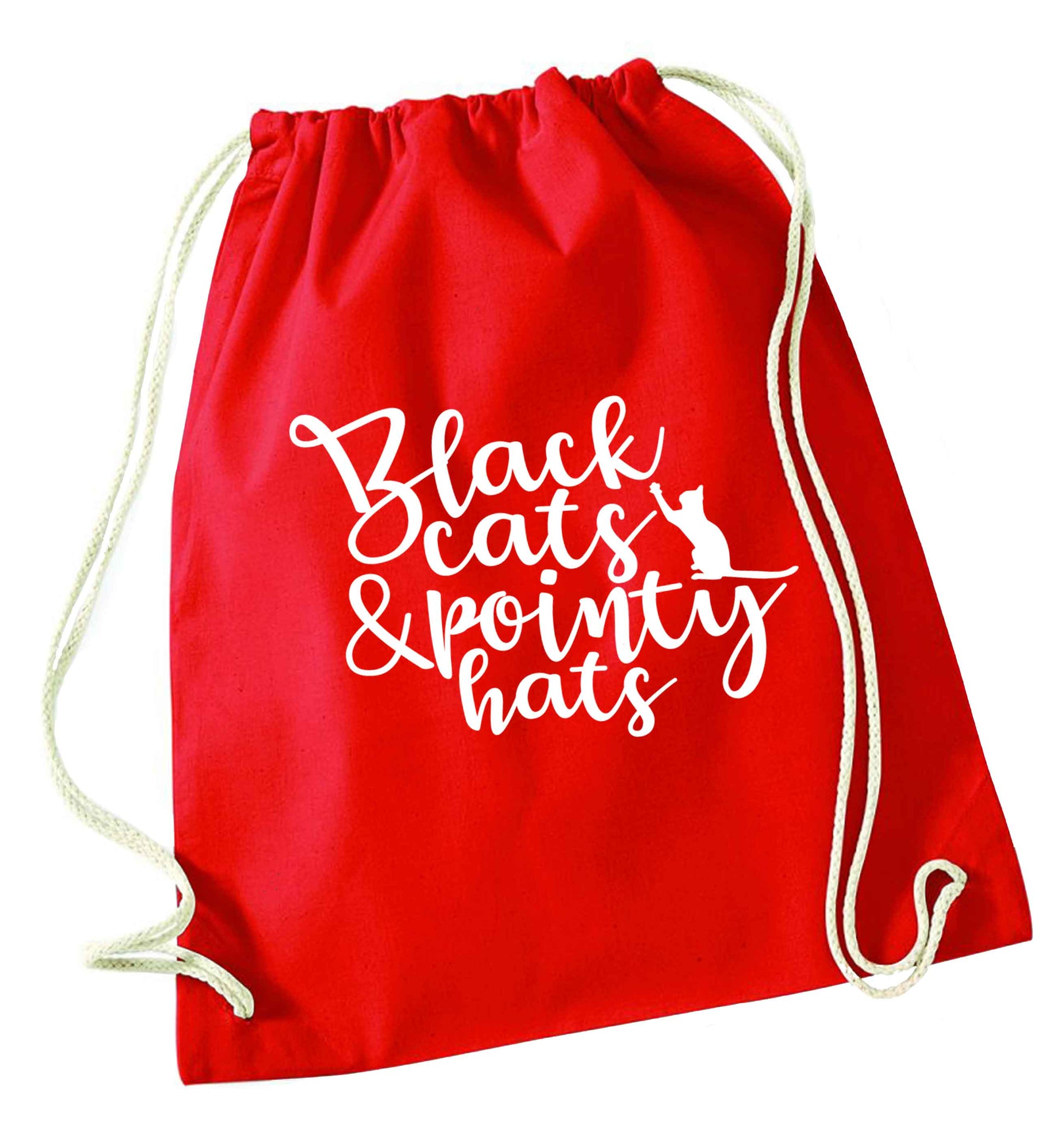 Black cats and pointy hats red drawstring bag 