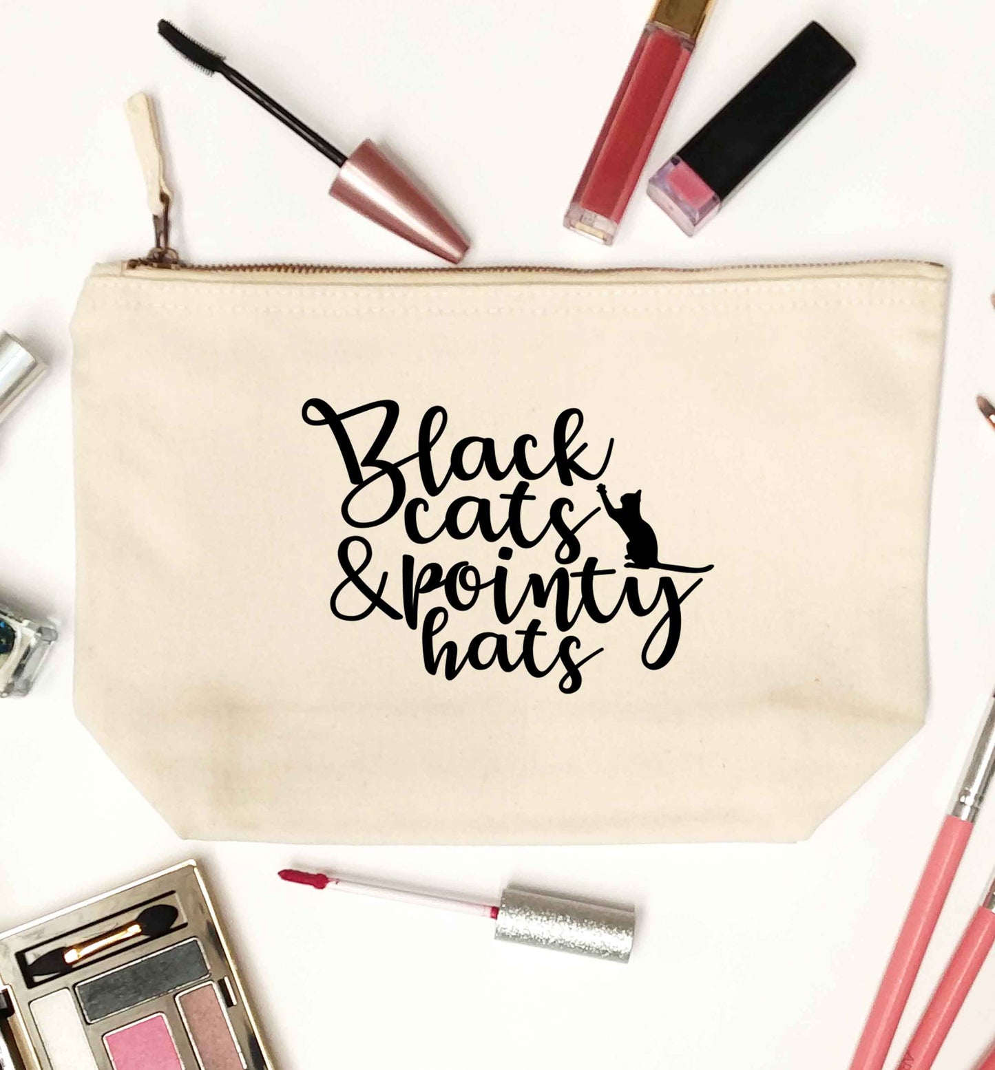 Black cats and pointy hats natural makeup bag