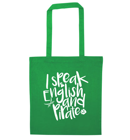 I speak English and pirate green tote bag