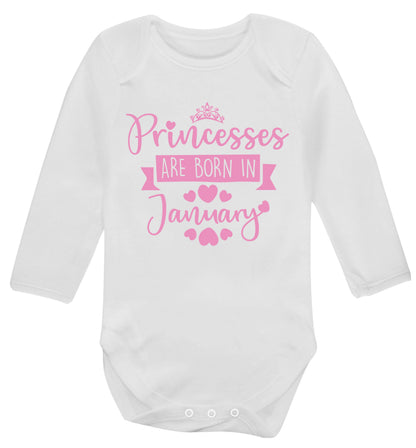 Princesses are born in January Baby Vest long sleeved white 6-12 months