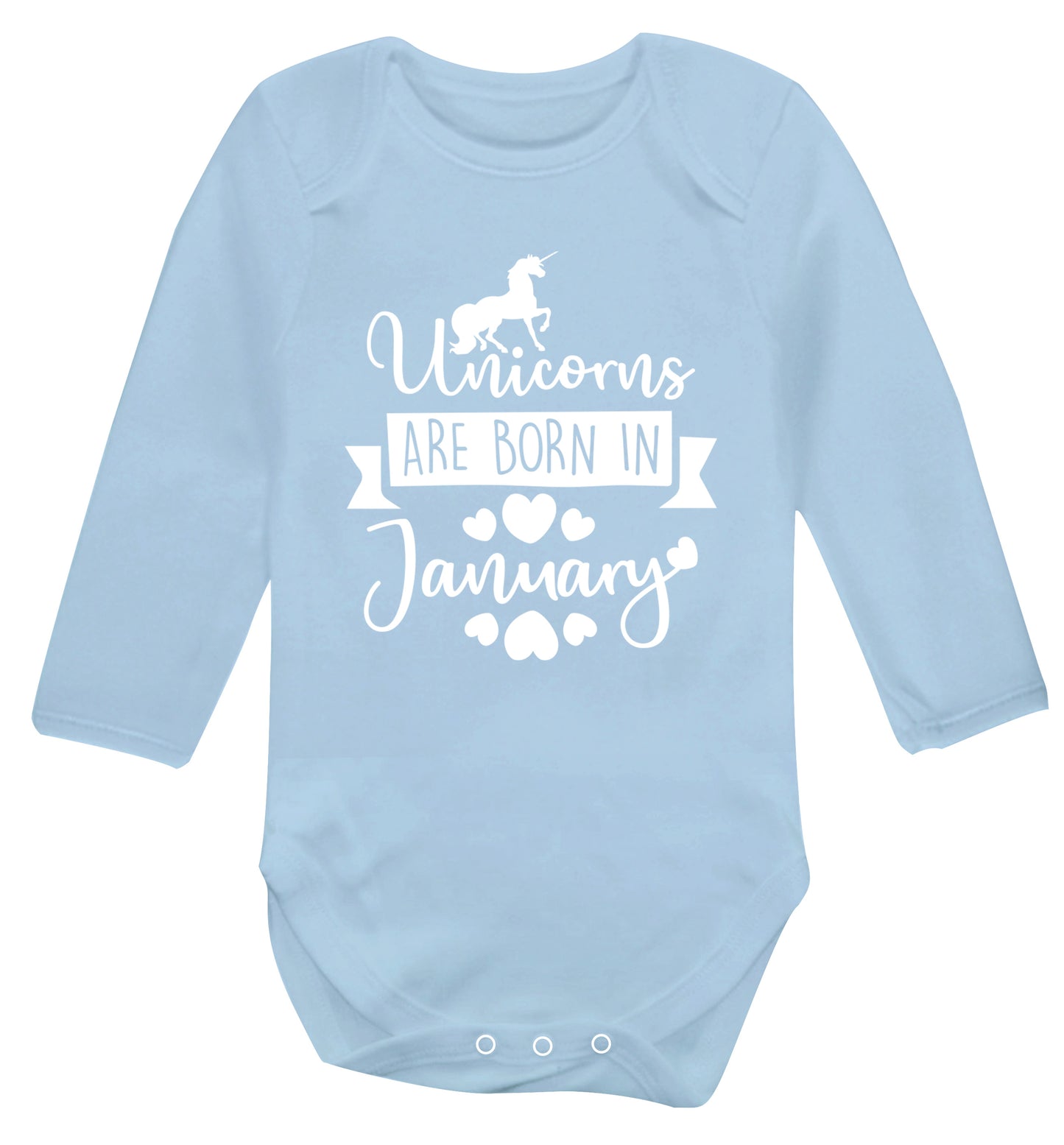 Unicorns are born in January Baby Vest long sleeved pale blue 6-12 months