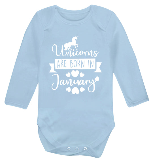 Unicorns are born in January Baby Vest long sleeved pale blue 6-12 months