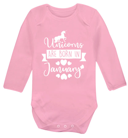 Unicorns are born in January Baby Vest long sleeved pale pink 6-12 months