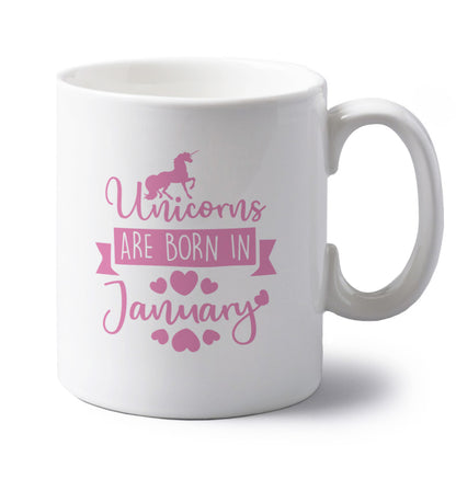 Unicorns are born in January left handed white ceramic mug 
