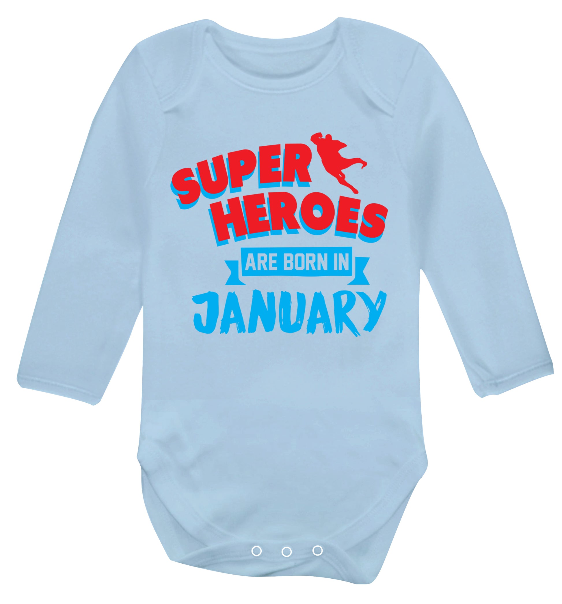 Superheros are born in January Baby Vest long sleeved pale blue 6-12 months