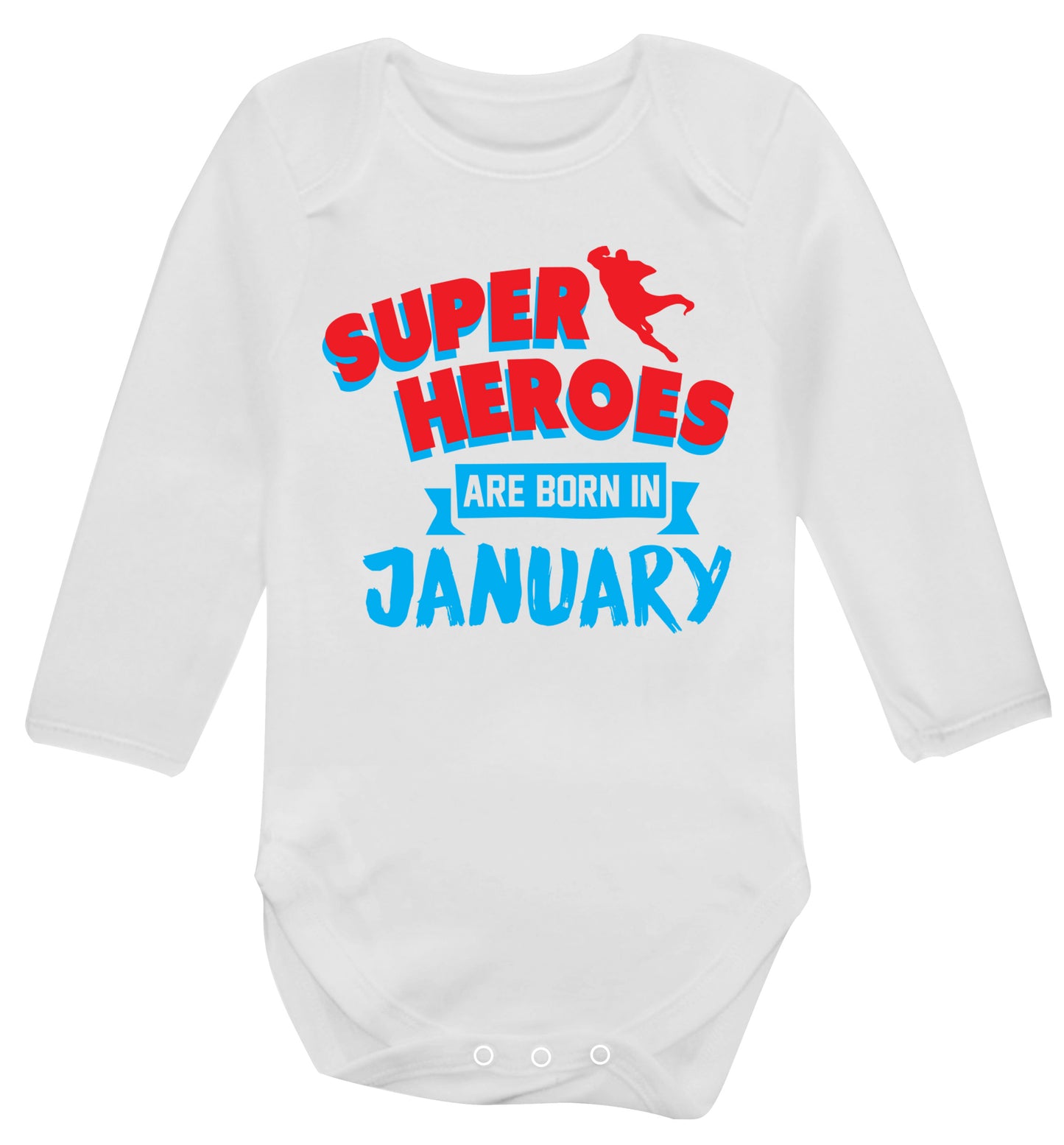 Superheros are born in January Baby Vest long sleeved white 6-12 months