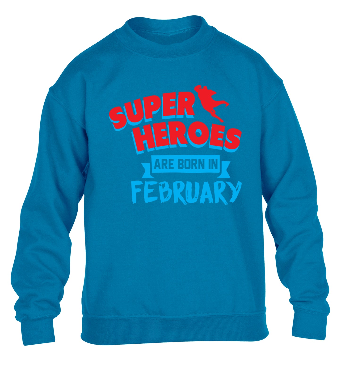 superheroes are born in February children's blue sweater 12-13 Years
