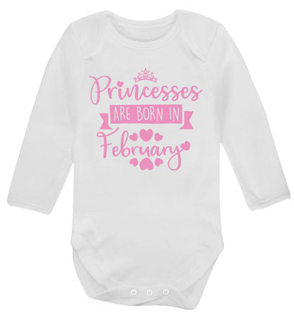 Princesses are born in February Baby Vest long sleeved white 6-12 months