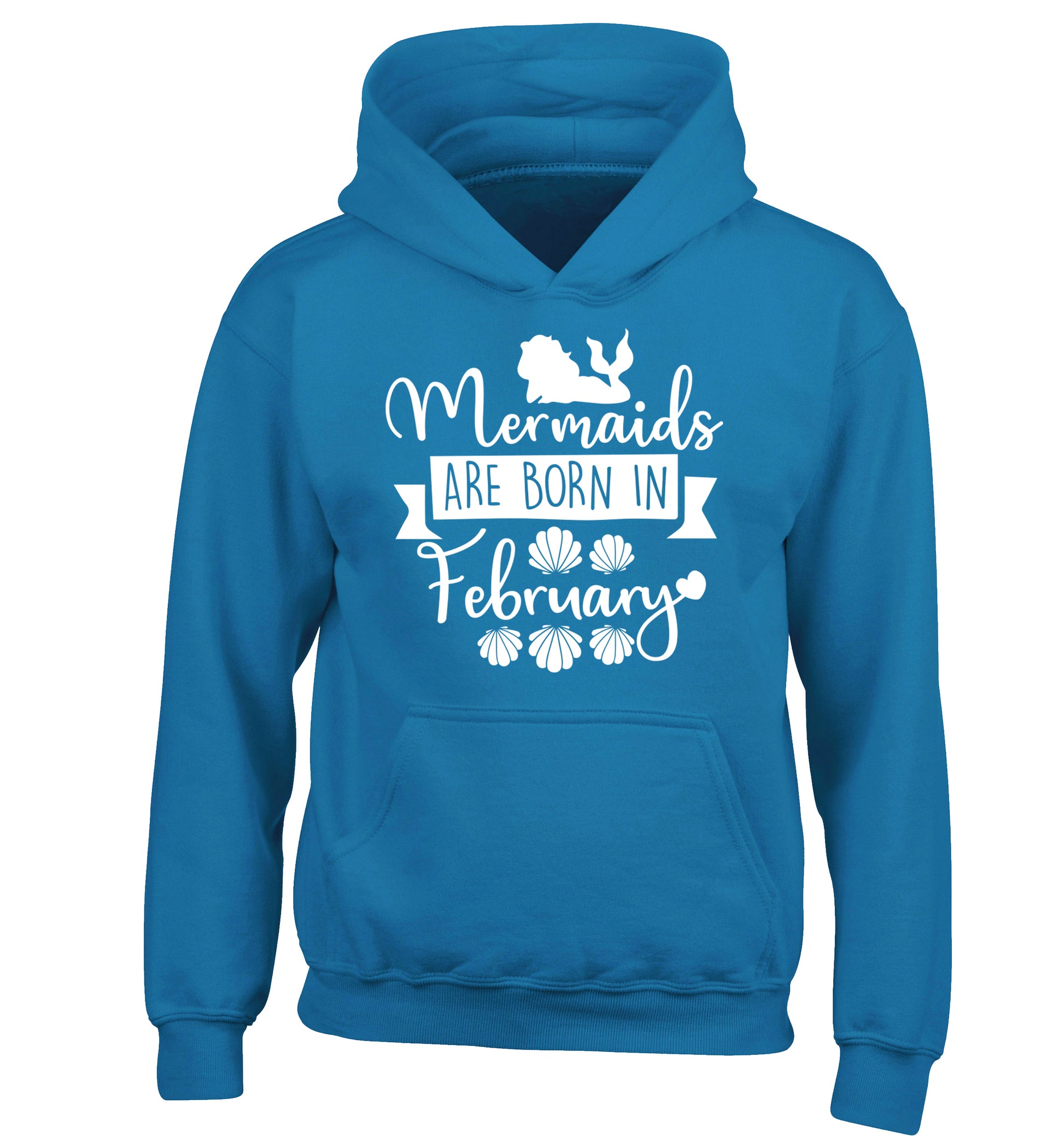 Mermaids are born in February children's blue hoodie 12-13 Years