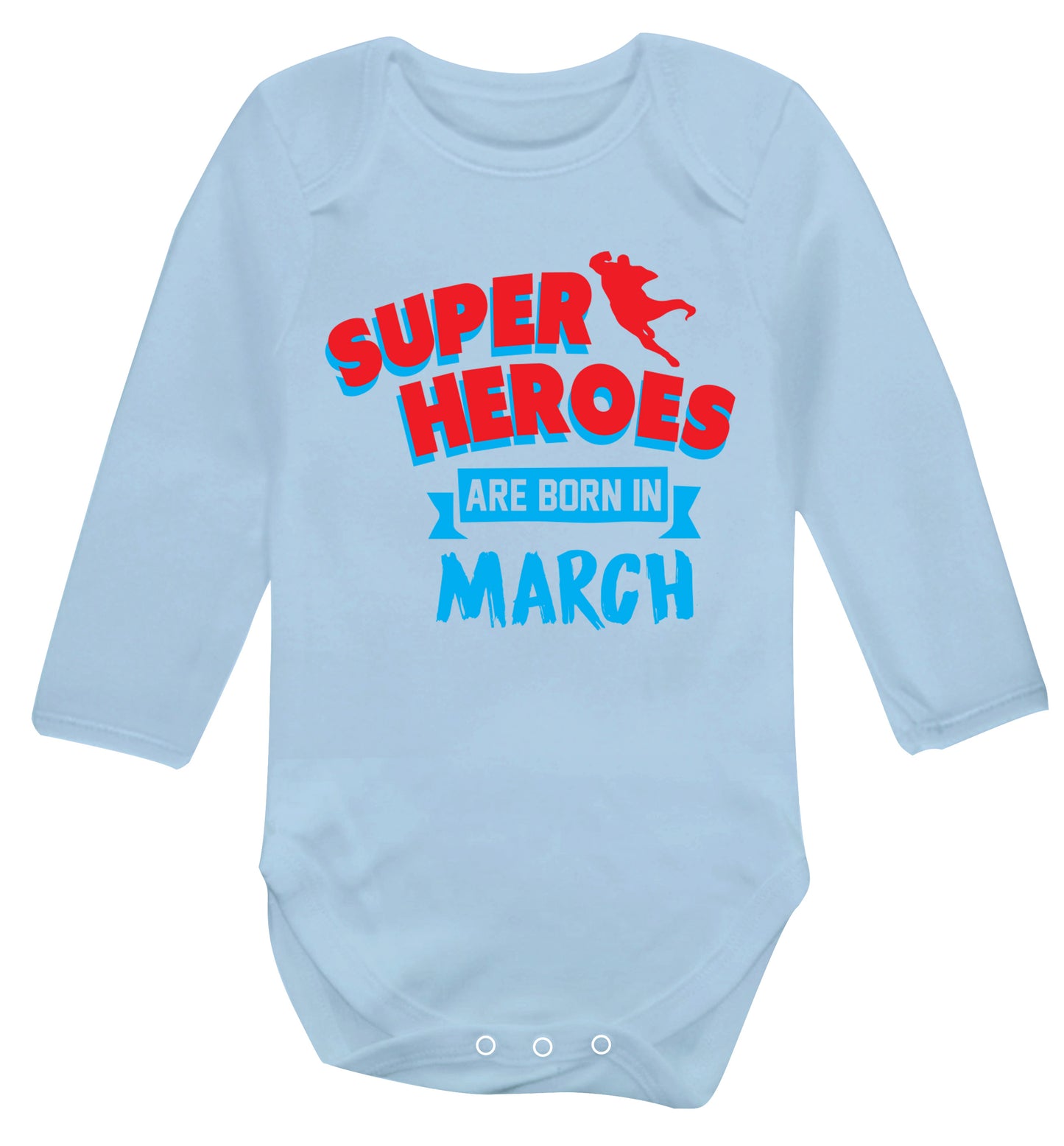 Superheros are born in March Baby Vest long sleeved pale blue 6-12 months