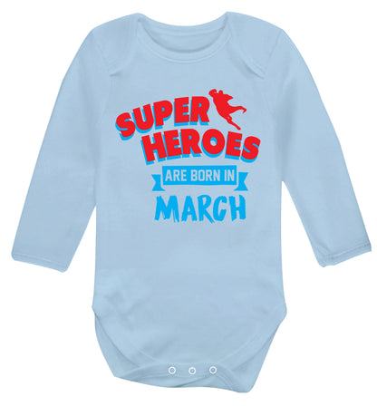 Superheros are born in March Baby Vest long sleeved pale blue 6-12 months