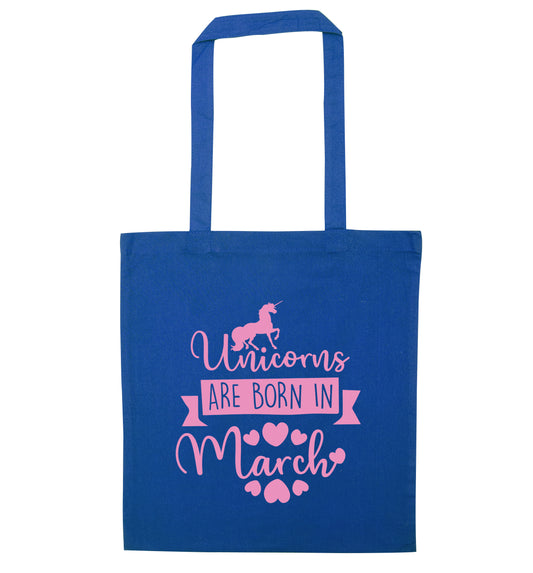 Unicorns are born in March blue tote bag