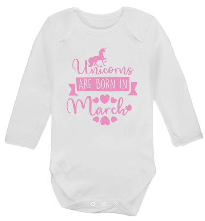 Unicorns are born in March Baby Vest long sleeved white 6-12 months